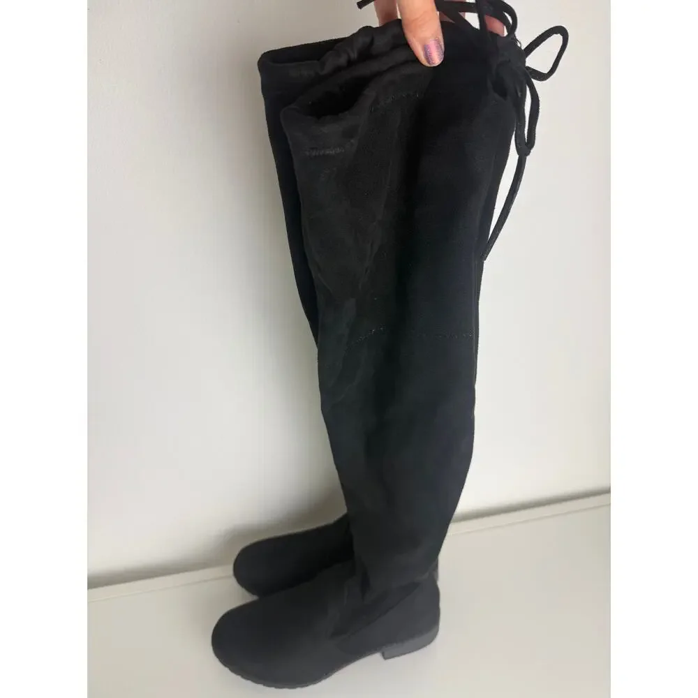 Forever Womens Over The Knee High Faux Suede Pull-On Tie Accent Black Boots 7